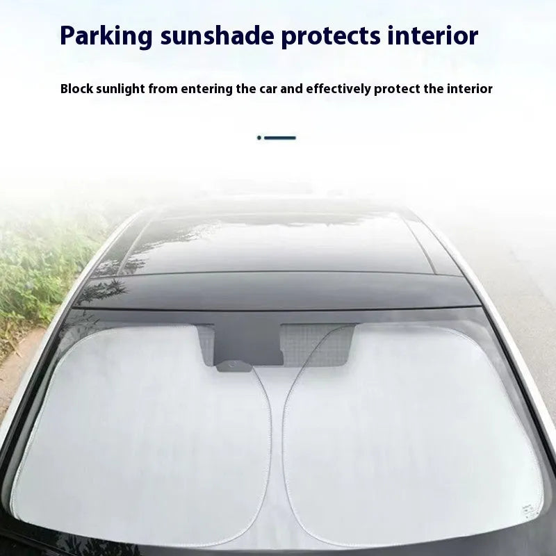 Aluminium foil car windscreen sunshade folded, showing reflective titanium silver surface and size options.