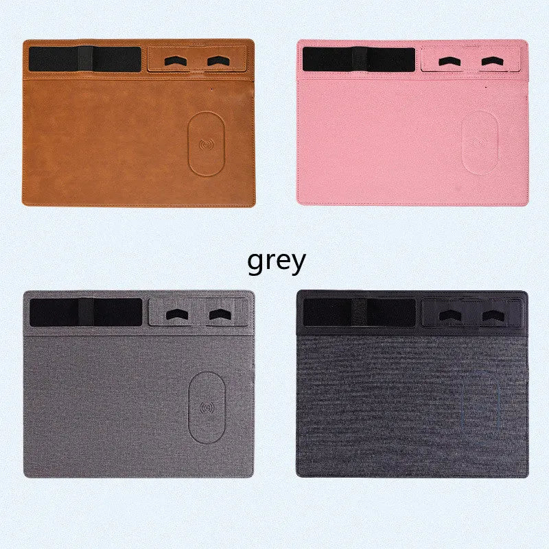 Wireless charging mouse pad with phone holder in black, brown, grey, or pink colours
