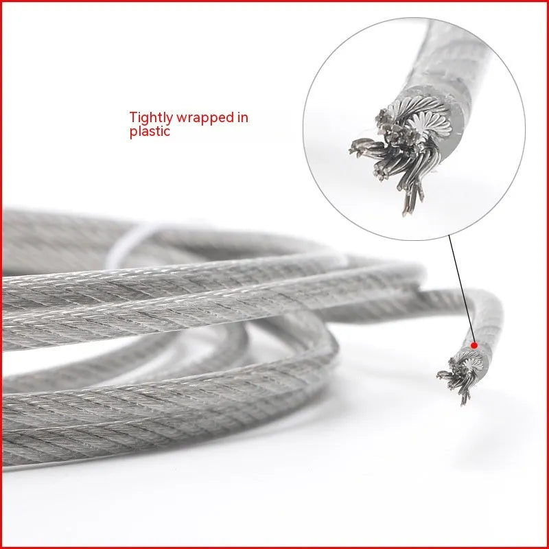 Coil of 304 stainless steel multi-strand wire rope on a white background.