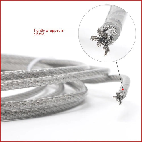 Coil of 304 stainless steel multi-strand wire rope on a white background.