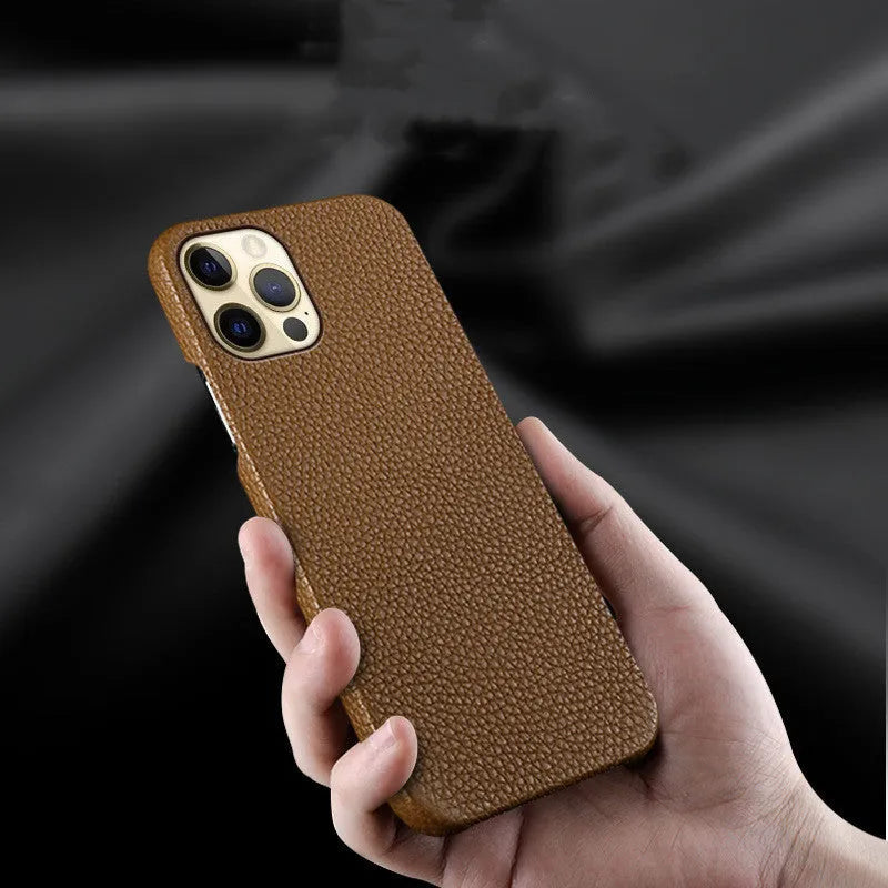Genuine leather brown iPhone protective case showing half-coverage design on an iPhone.