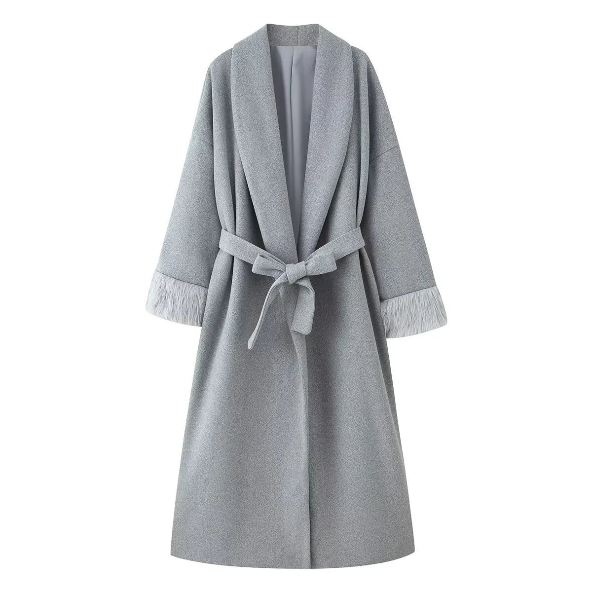 Solid colour lacing cuff woolen coat in apricot, loose fit polyester autumn winter jacket