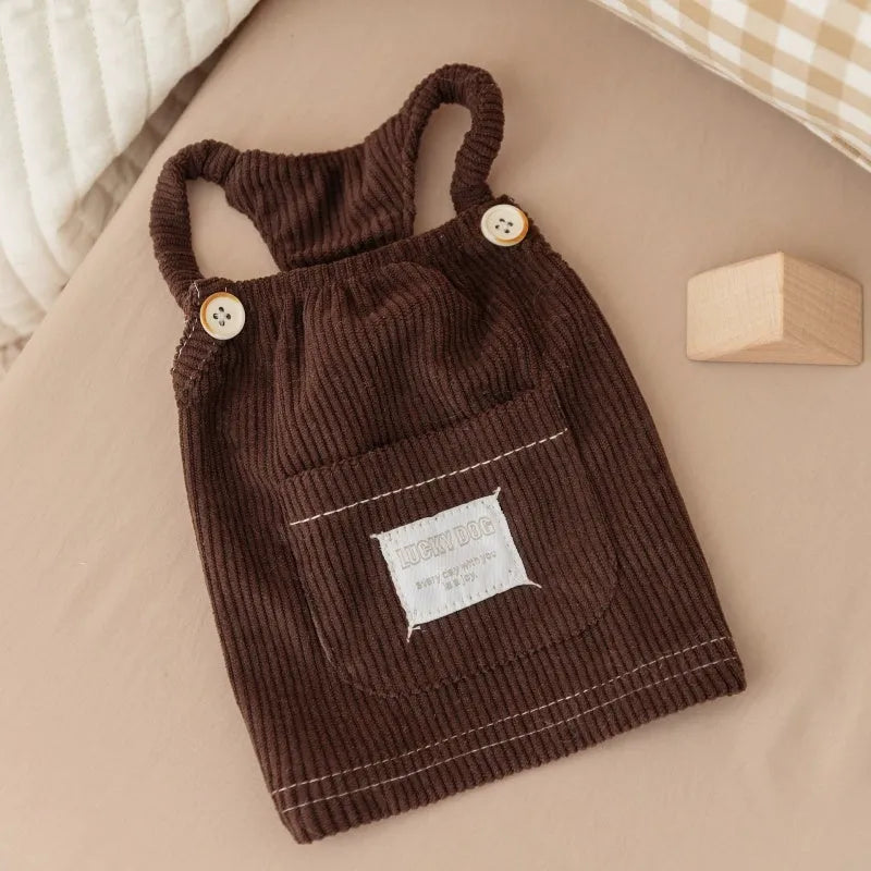 Brown corduroy pet vest with wool Sherpa collar on a small dog, halter design for easy wear