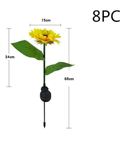 LED solar sunflower lamp with yellow fabric flower head, 66cm stainless steel stem, and ABS ground plug, placed on grass