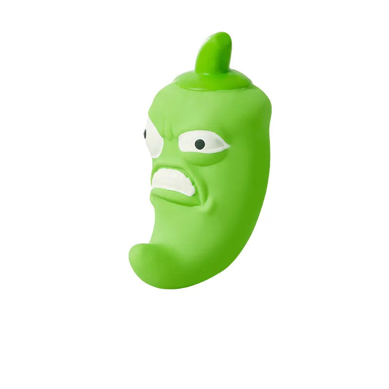 Dog chew toy with pet sound mechanism in bitter melon and chili designs for teeth cleaning