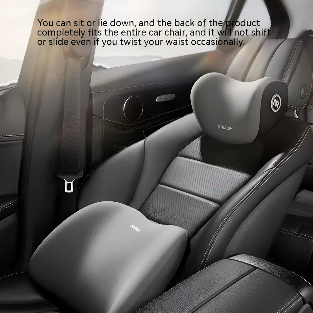 Car headrest and lumbar support pillow set in milk silk with memory foam filling, shown in multiple colours