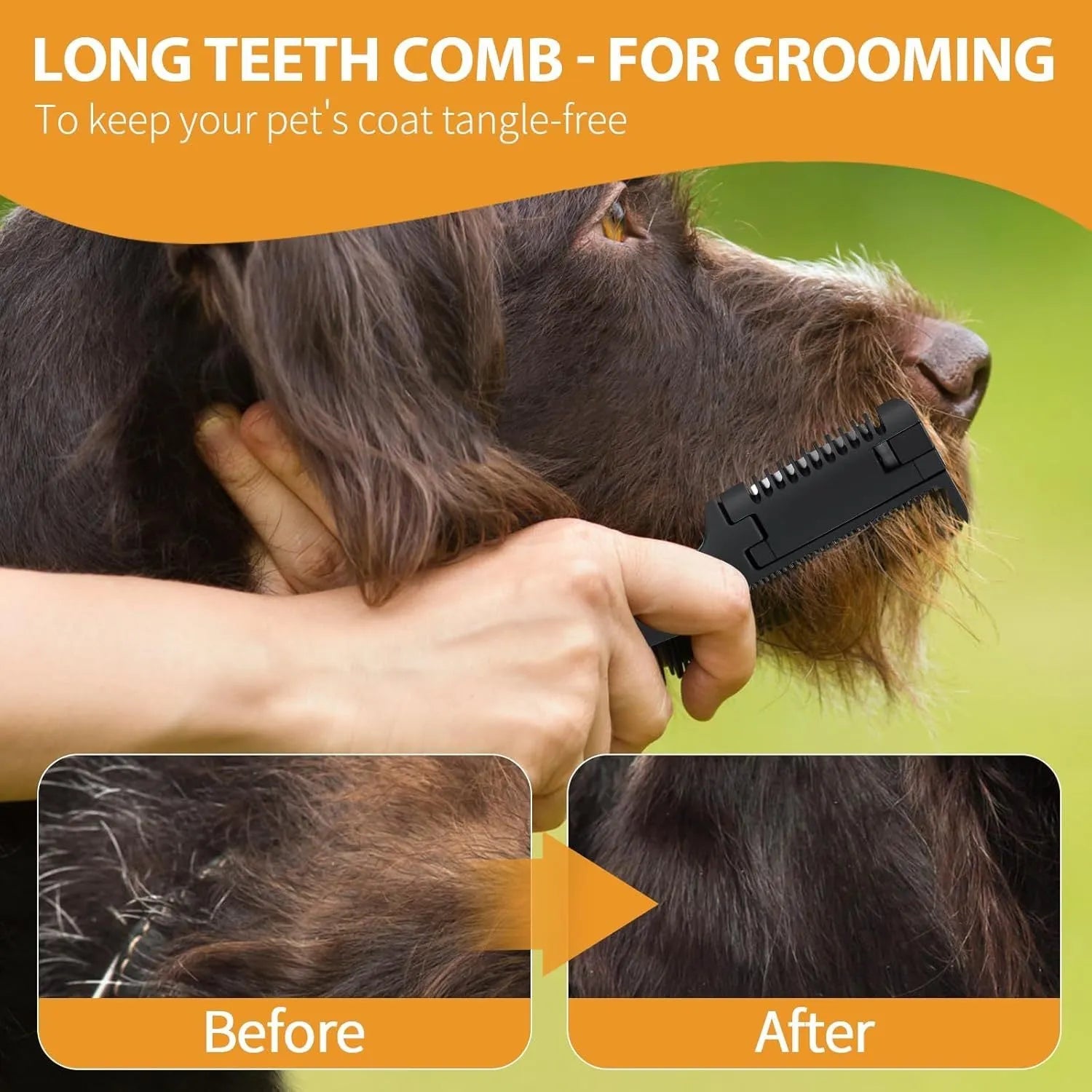 Pet razor comb grooming tool with comb teeth and integrated blade, includes replacement blades.