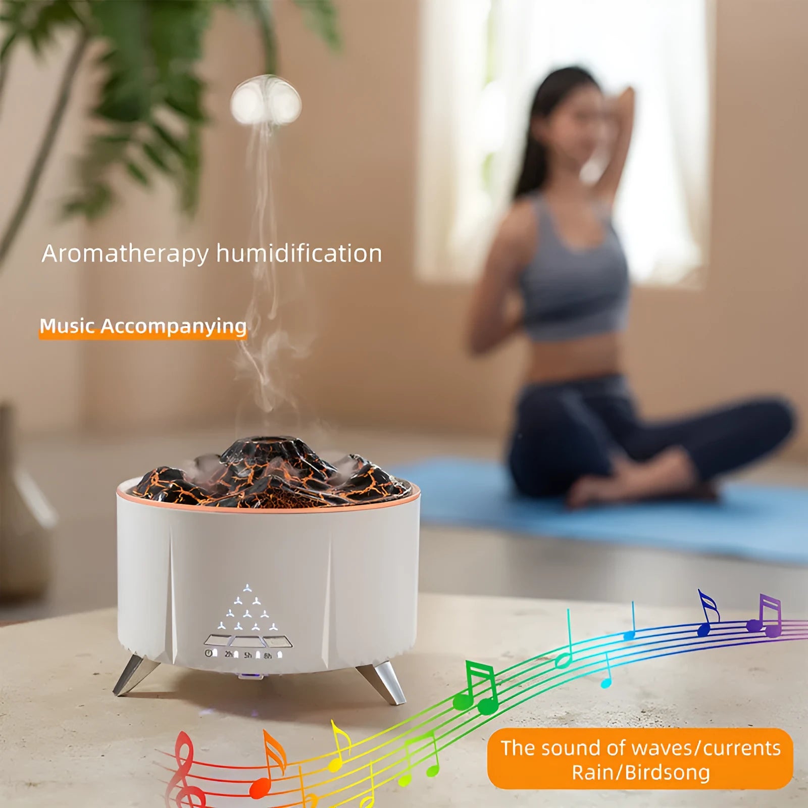 White flame aroma diffuser with Bluetooth speaker and remote control on a table
