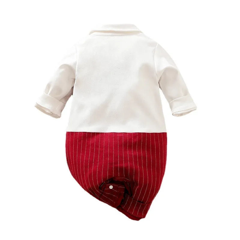 Wine red cotton baby boy romper one-piece suit with long sleeves and single-breasted closure