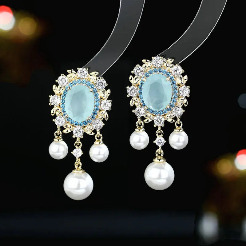 Oval geometric earrings with zircon inlay and pearl tassel drop in copper with colour options