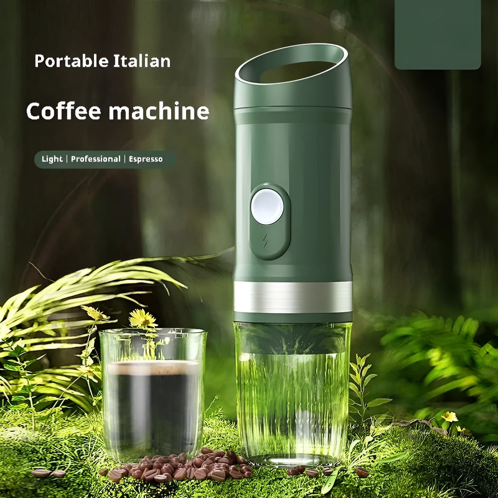 Portable capsule coffee machine in army green with ABS metal body and USB power cord, side view