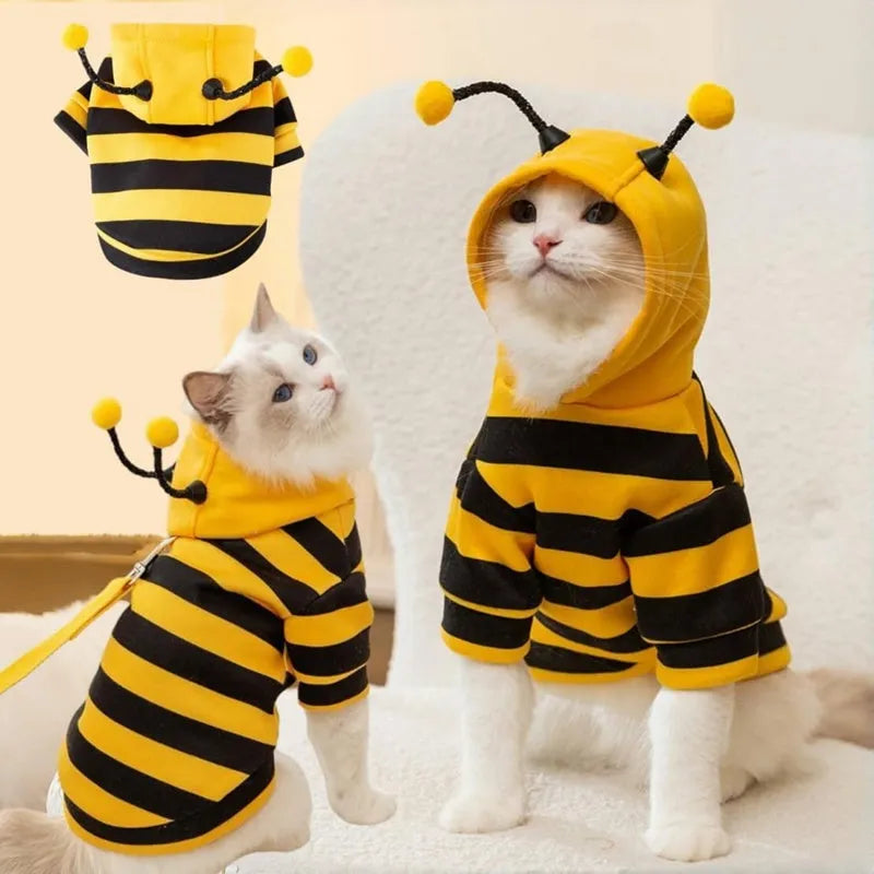 Yellow black bee stripe pet hoodie with flexible antennae on hood and belt hook on back, for dogs and cats