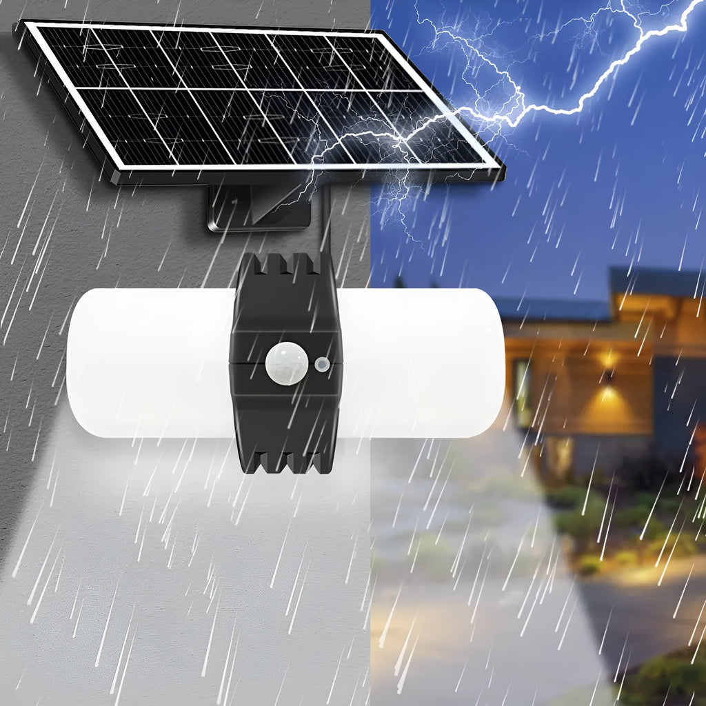 Black 8W solar outdoor floodlight with IP65 rating, three lighting modes, and motion sensor, 21.2cm x 18.4cm x 13.8cm