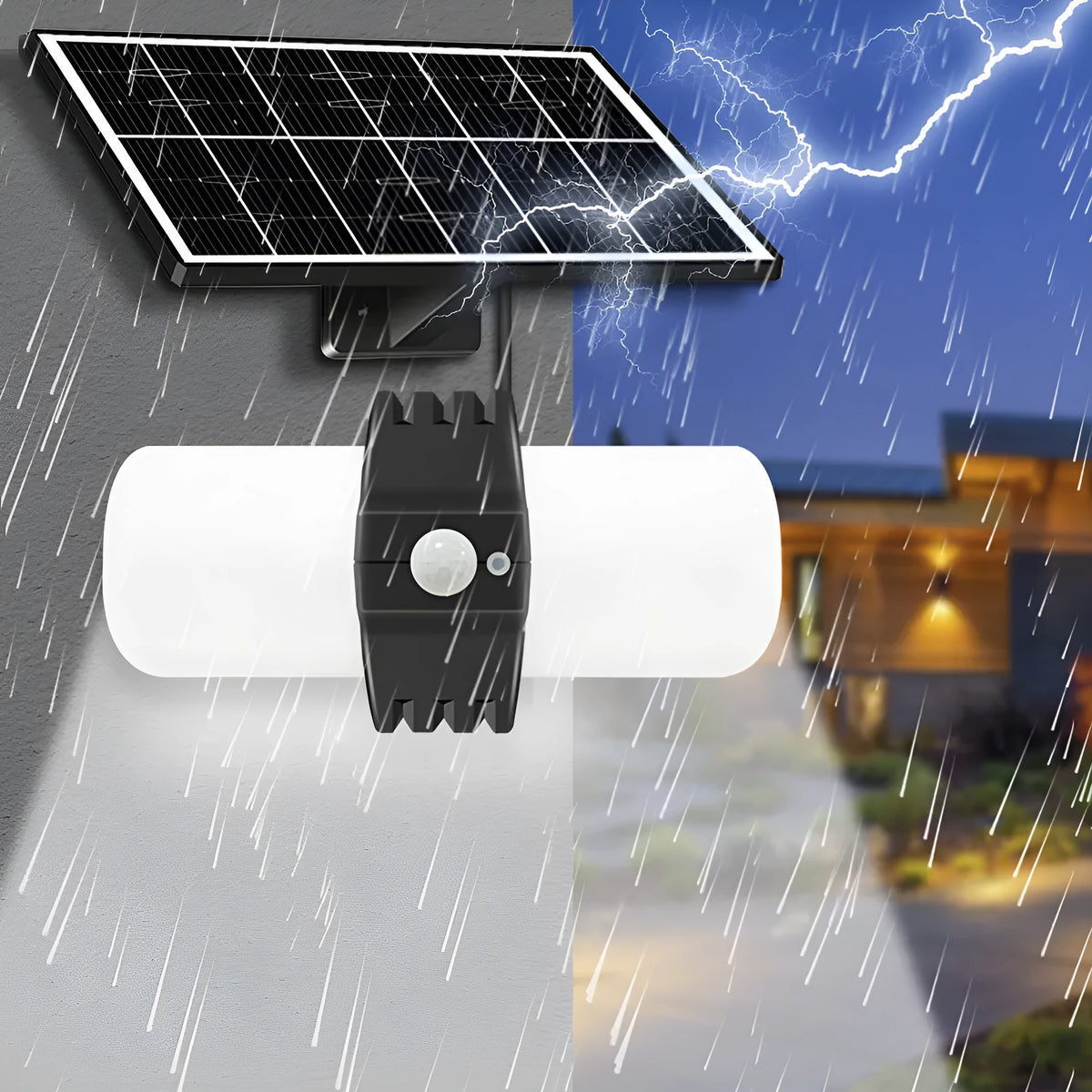 Black 8W solar outdoor floodlight with IP65 rating, three lighting modes, and motion sensor, 21.2cm x 18.4cm x 13.8cm