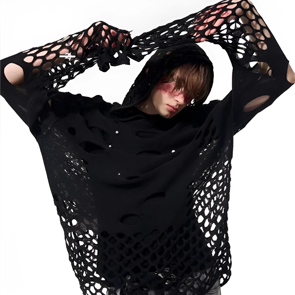 Black men's loose fit pullover hoodie with decorative pearls on the front of the hood.