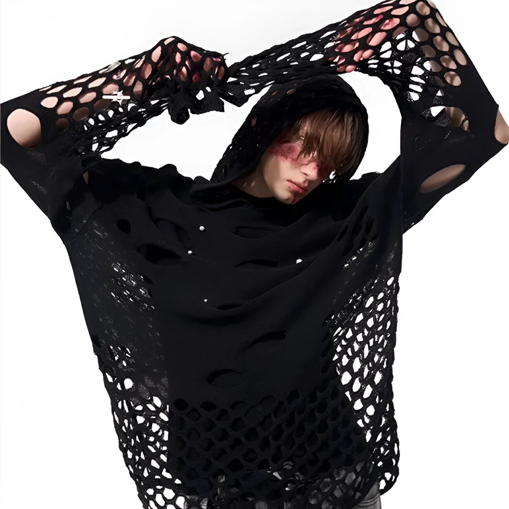 Black men's loose fit pullover hoodie with decorative pearls on the front of the hood.
