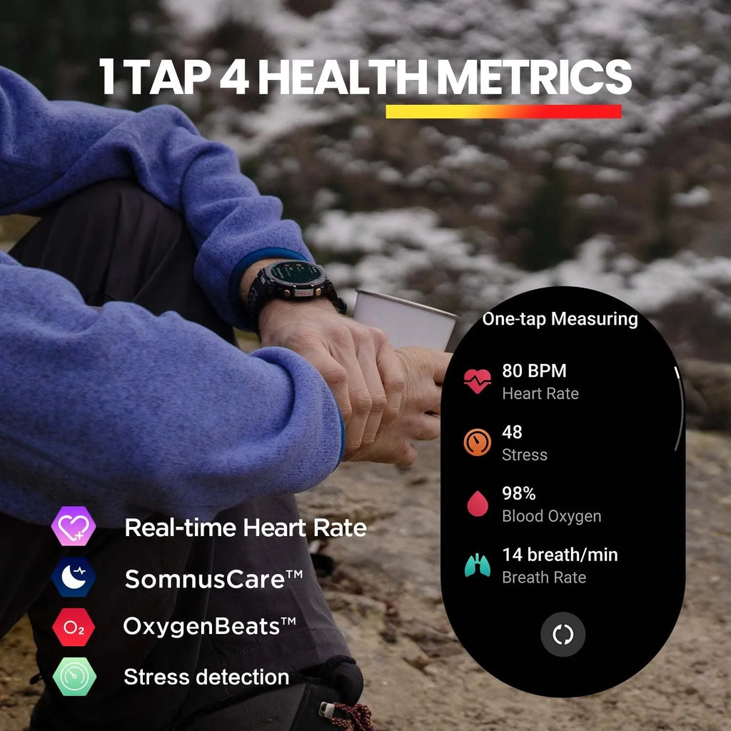 Round swimming fitness smart watch with silicone strap, heart rate and blood oxygen monitoring, 47.1x47.1x13.65mm