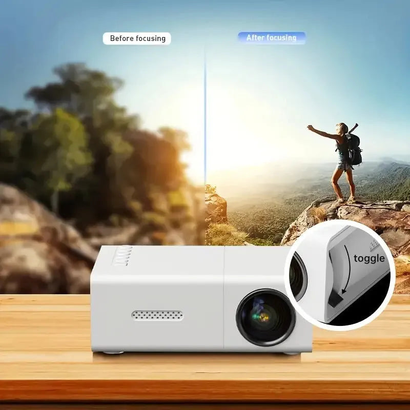 White and black portable M100 LED mini projector showing remote control and cables for 100-inch home projection.
