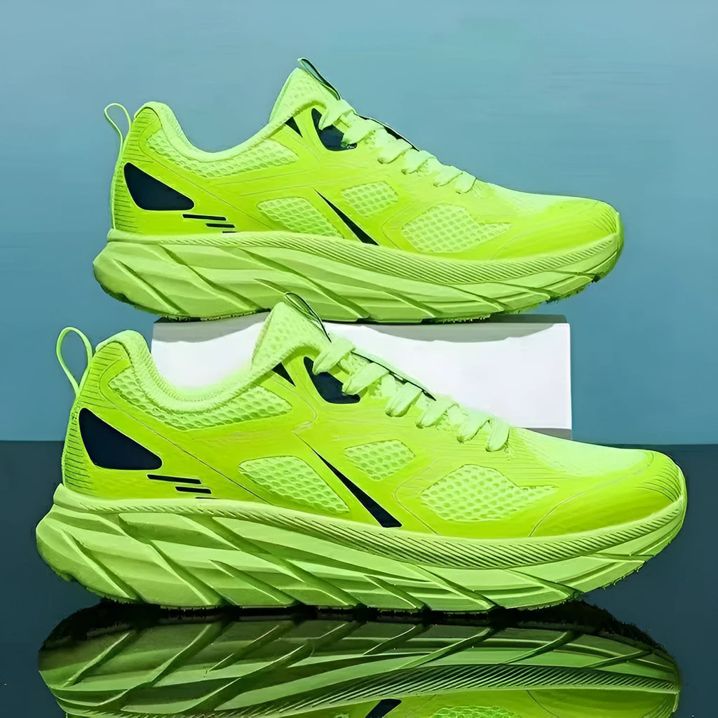 Unisex mesh running shoes in red, beige, green, grey, and black colour options showing round toe design