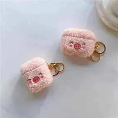Plush pig flannel AirPods protective cover with bracelet in pink or beige