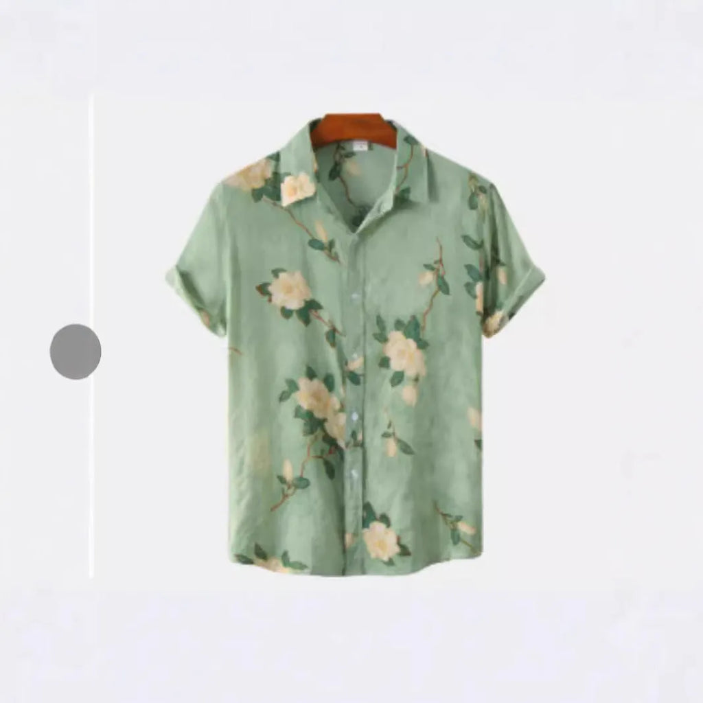 Hawaiian floral print short sleeve lapel shirt on a hanger