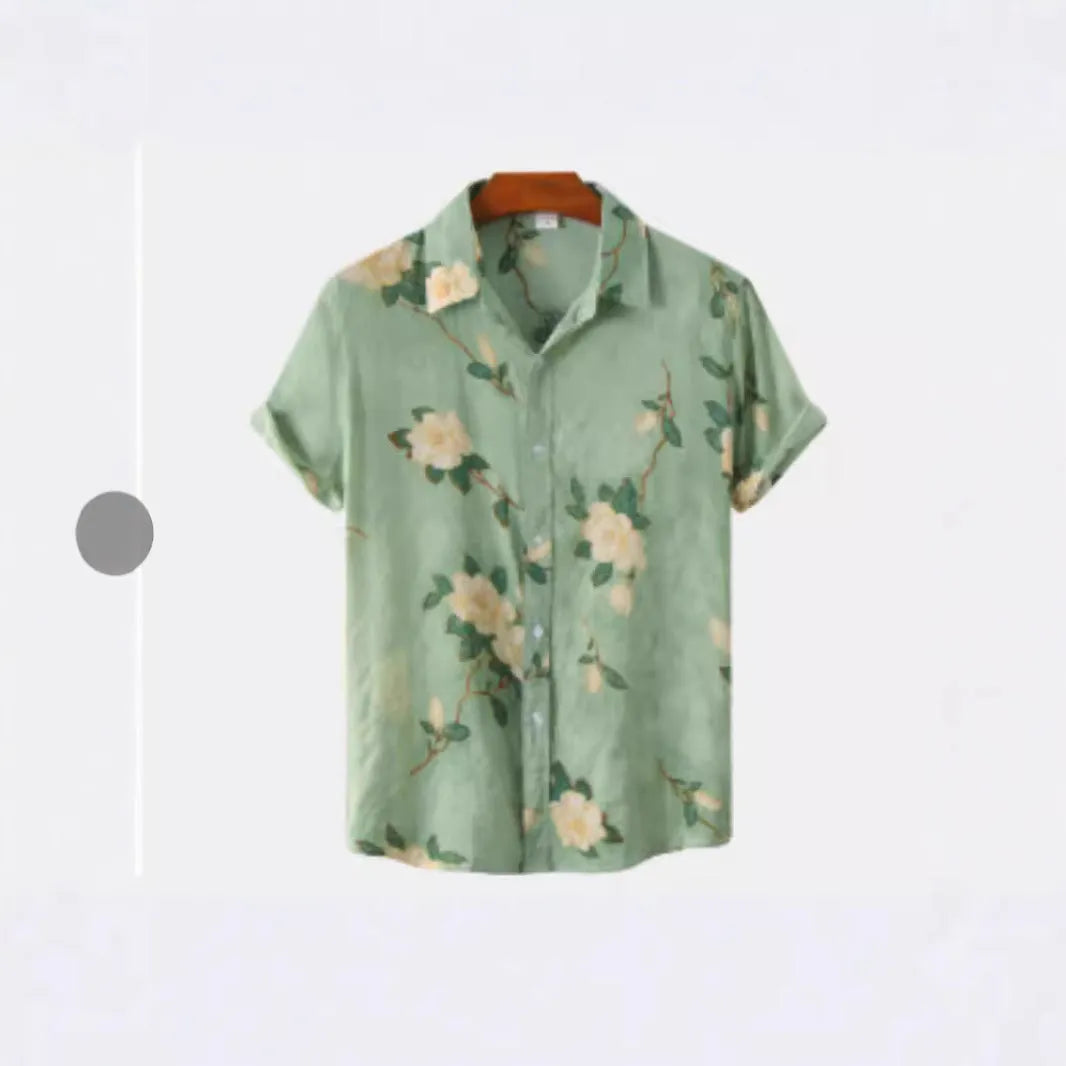 Hawaiian floral print short sleeve lapel shirt on a hanger