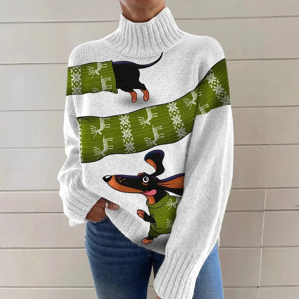 A woman's loose-fit Christmas sweater with a painted festive print, a turtleneck, and long sleeves in a soft macaron colour.