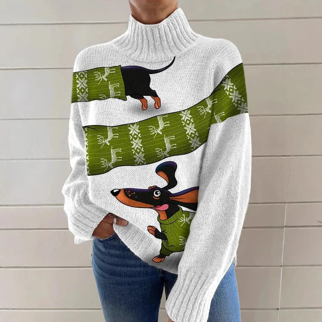 A woman's loose-fit Christmas sweater with a painted festive print, a turtleneck, and long sleeves in a soft macaron colour.