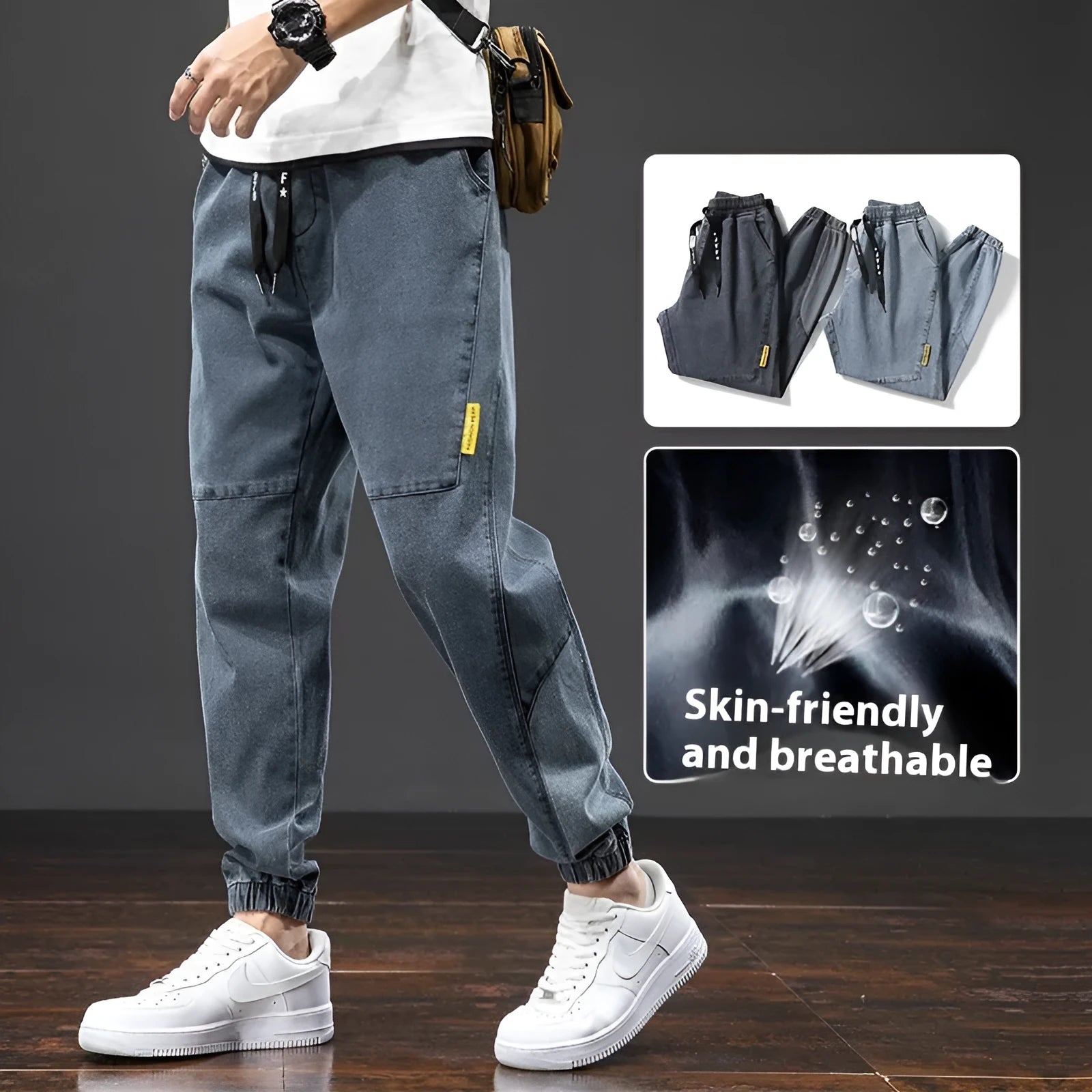 Man wearing loose fit blue cargo jeans with straight leg and cargo pockets