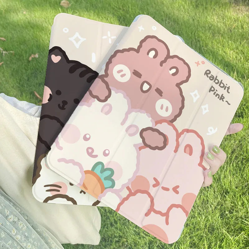 Silicone tri-fold protective case for iPad in rabbit, cat, and plain colour options