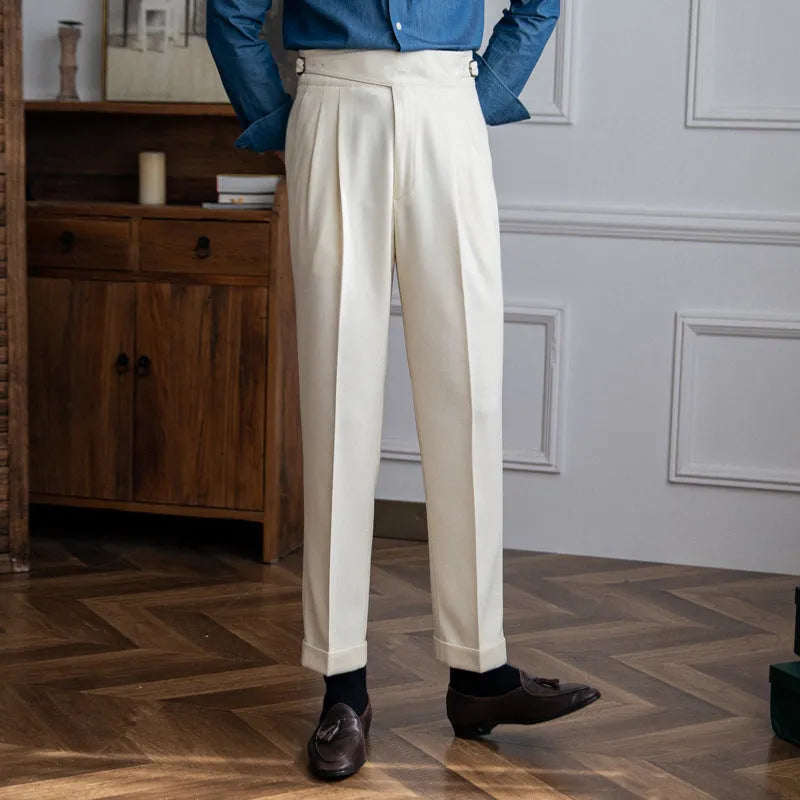 Men's high waist straight leg casual trousers in polyester fabric shown in black, brown, khaki, or white.