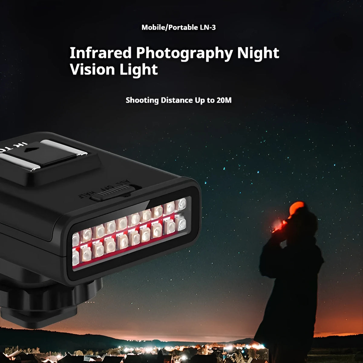 All black infrared fill light with 6500K cold white output and USB cable for night vision use
