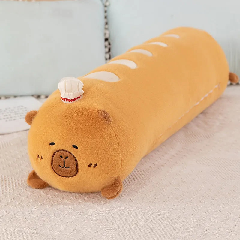 Capybara croissant French stick plush toy in mink velvet, available in sizes from 50cm to 100cm