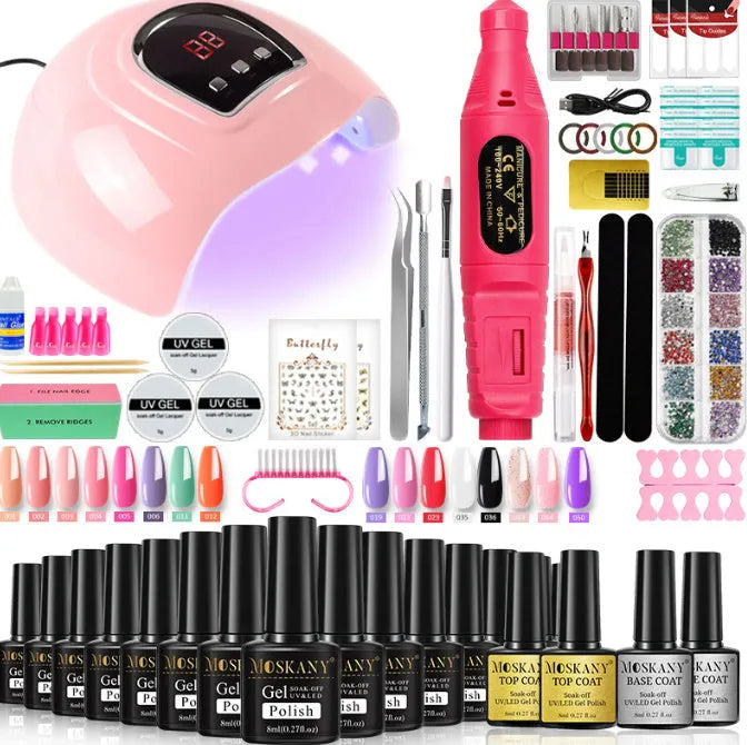 Gel nail polish set with UV lamp, USB cable, and plastic suit in multicolor finish