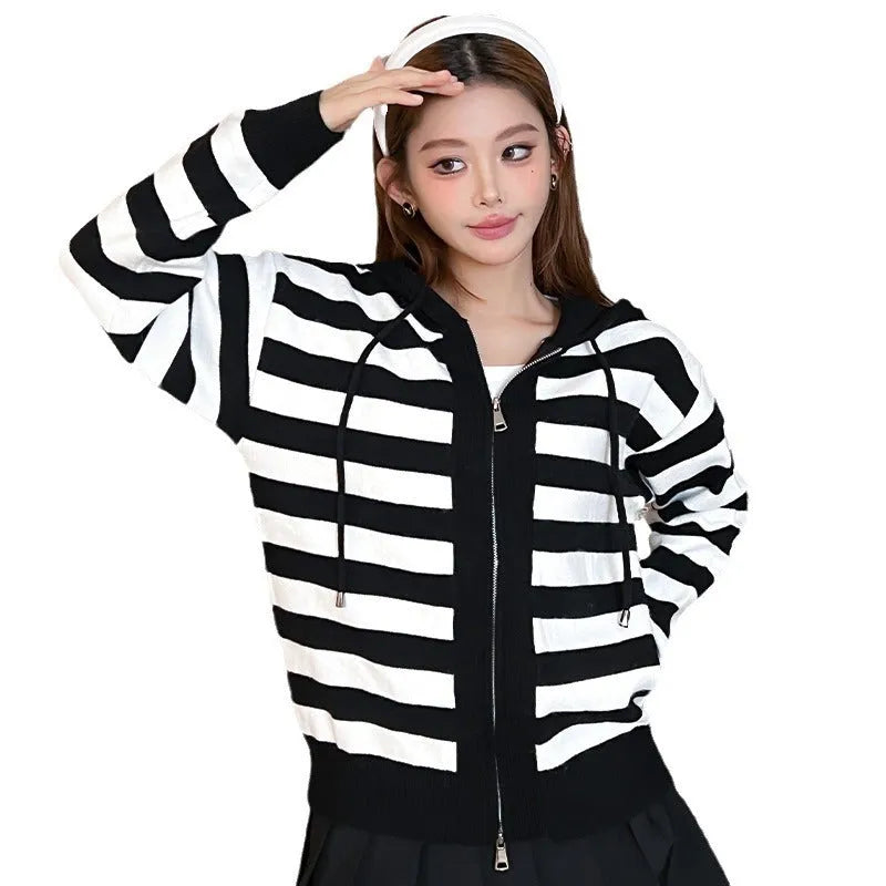 Women's black striped contrast colour knitted hooded cardigan with zipper front, loose fit cashmere blend
