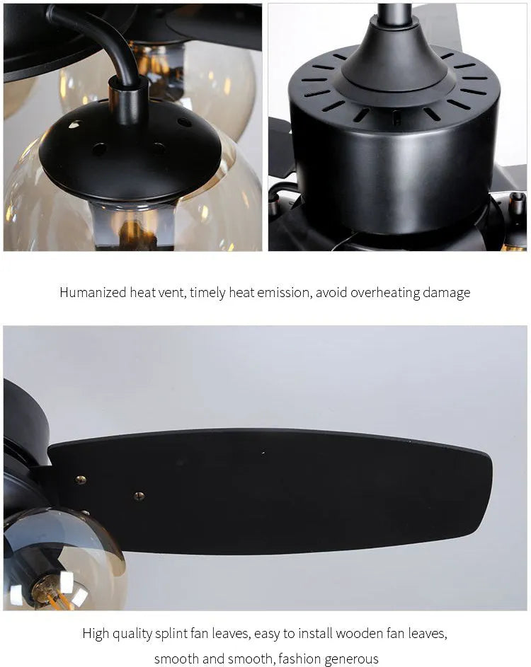 Ceiling fan light with wood blades and glass shade, 42 inch, available in black finish for living room use