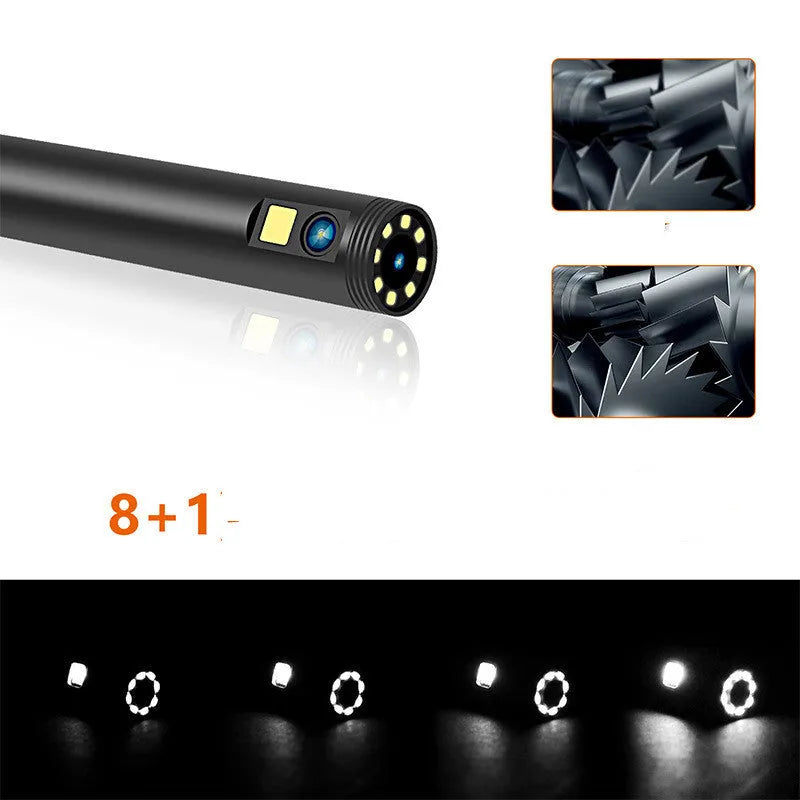 WiFi dual lens endoscope camera with 5.5mm and 8mm probes, magnet, and hook accessories on a table.