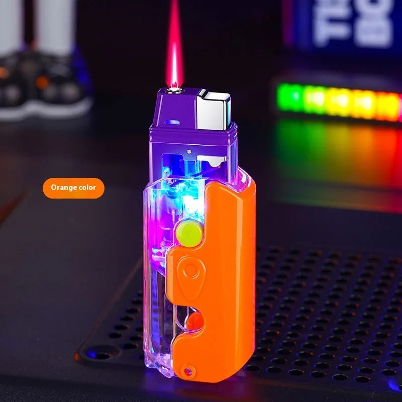 Colourful luminous lighter in orange, purple or green with wind-resistant plastic construction