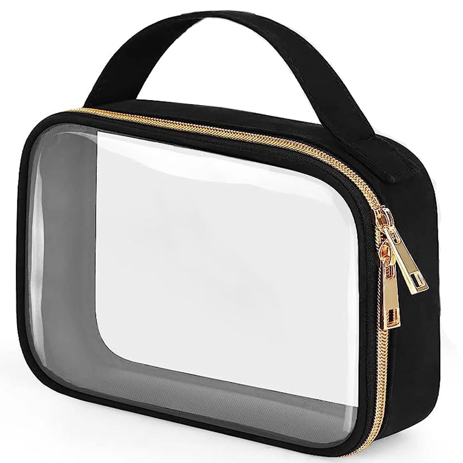 Transparent PVC makeup organiser bag with chain handle in assorted colours on a plain background.