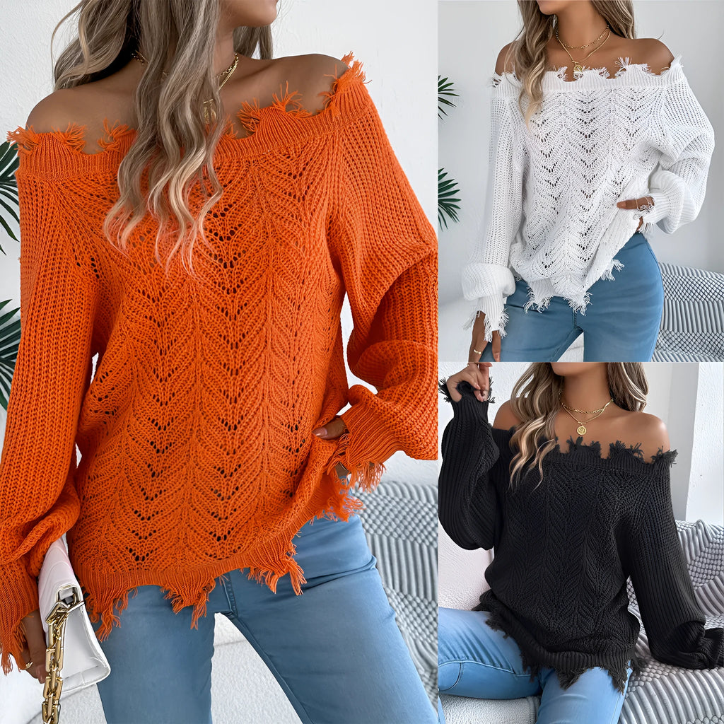 Women's white cut-off-the-shoulder long sleeve pullover sweater with hollow-out detail on front.