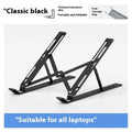 Silver aluminium alloy folding laptop stand shown supporting a laptop, with a black cloth storage bag beside it.