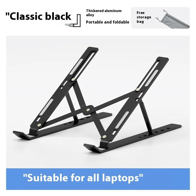 Silver aluminium alloy folding laptop stand shown supporting a laptop, with a black cloth storage bag beside it.