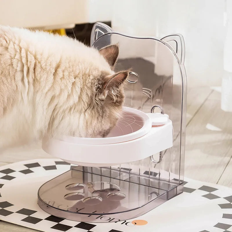 Grey cat feeding bowl with anti-spill design and adjustable height on removable hanging cage