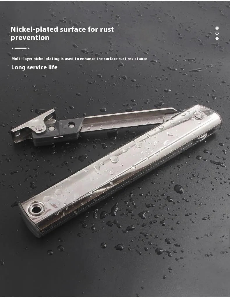Cold rolled steel cabinet door support rod with spring mechanism for flap-up doors.