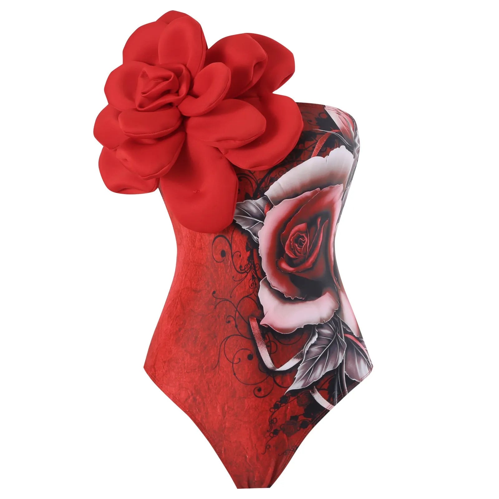 Women's fairy style long sleeve swimsuit top and gauze skirt cover-up set in a printed pattern.