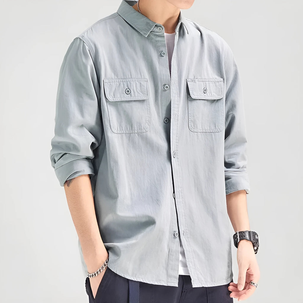 Men's loose fit long sleeve overalls shirt in cardigan style available in four colours
