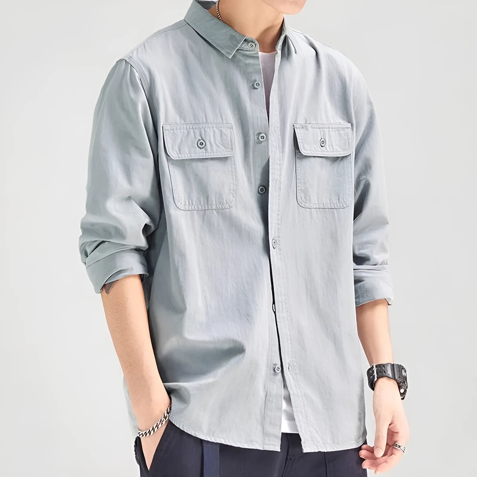 Men's loose fit long sleeve overalls shirt in cardigan style available in four colours