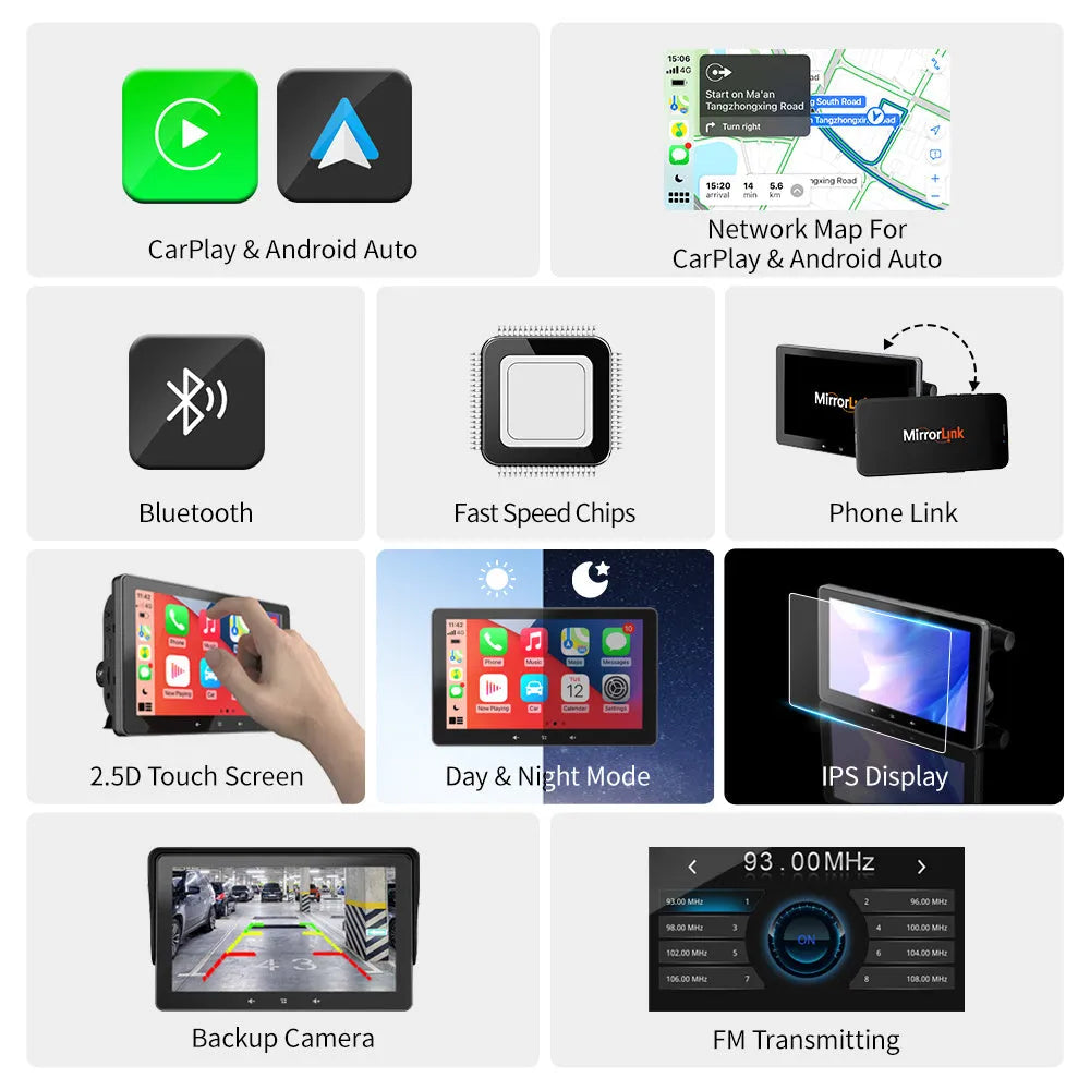 7-inch universal wireless CarPlay display screen with suction cup mount and cigarette lighter power cable.