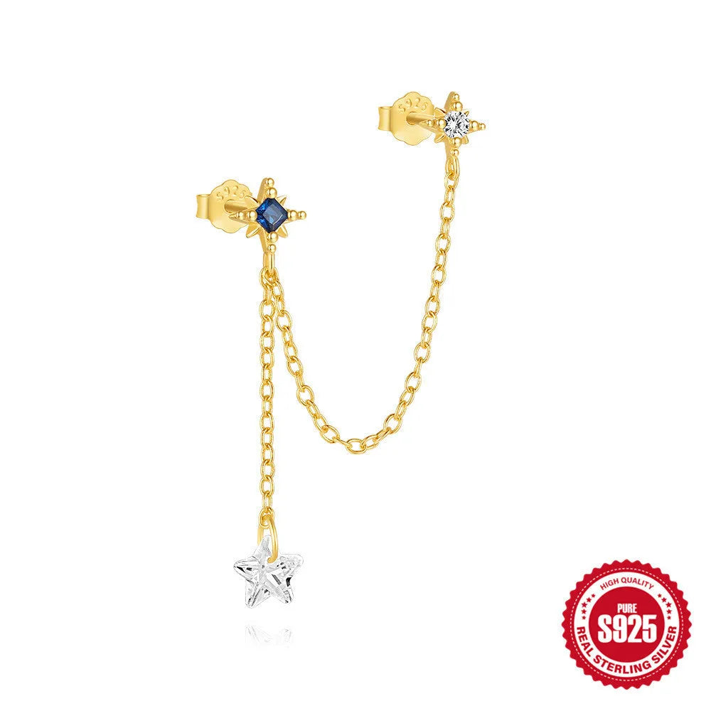 Sterling silver chain stud earrings with zircon inlay in geometric shapes including clover and crown designs