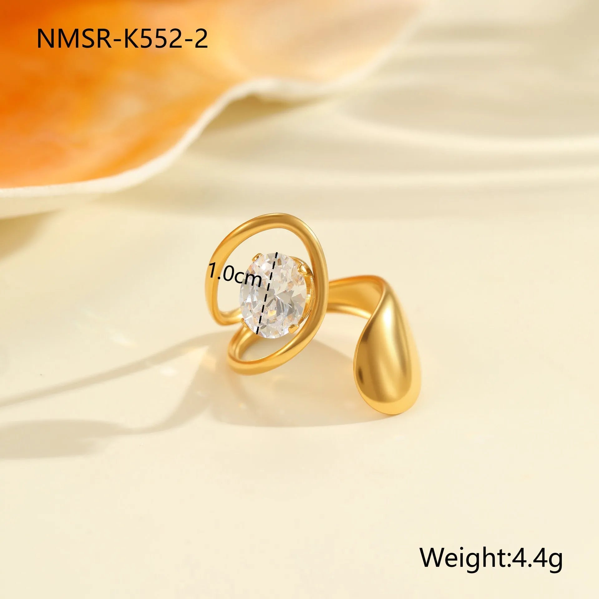 Geometric stainless steel ring with open mouth adjustable design and faceted zircon centrepiece
